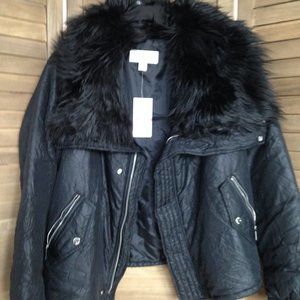 Michael Kors Black Bomber Jacket with Faux Fur Collar